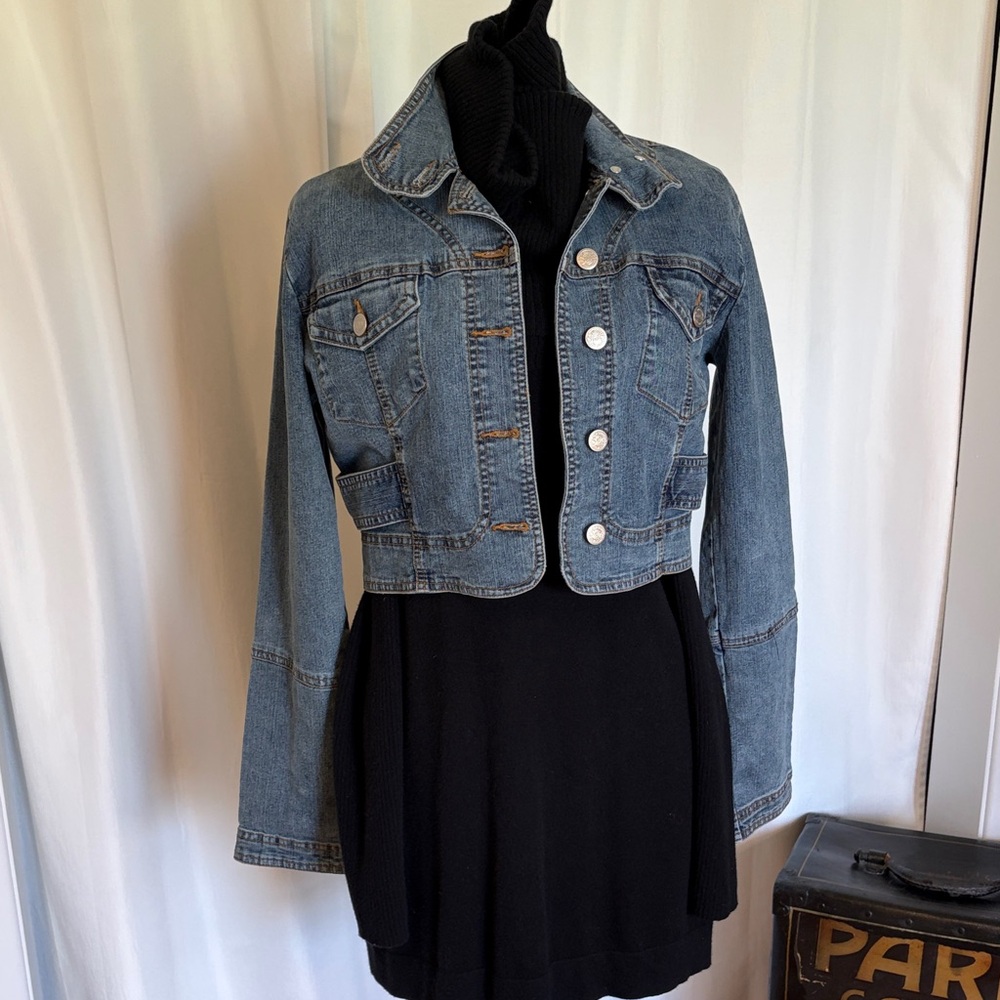 Distressed crop Jean jacket medium mandarin collar lightweight boho southwest
